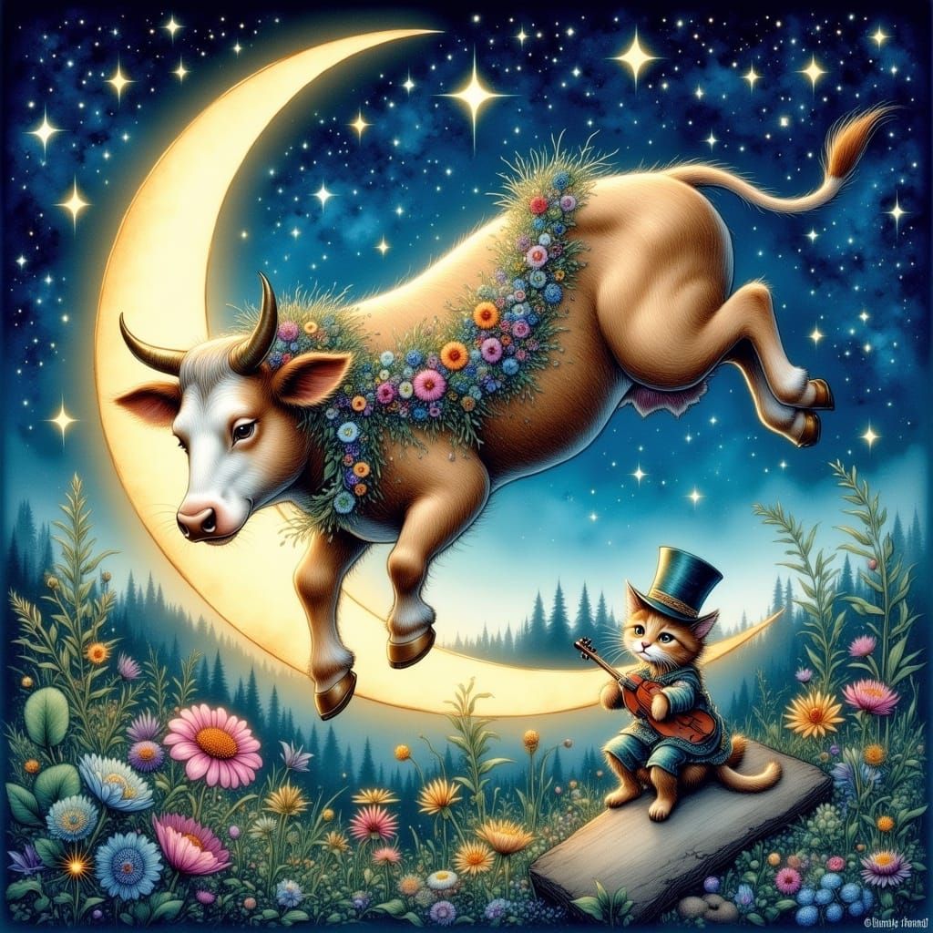 Cow Jumps Over the Moon in Enchanting Illustration