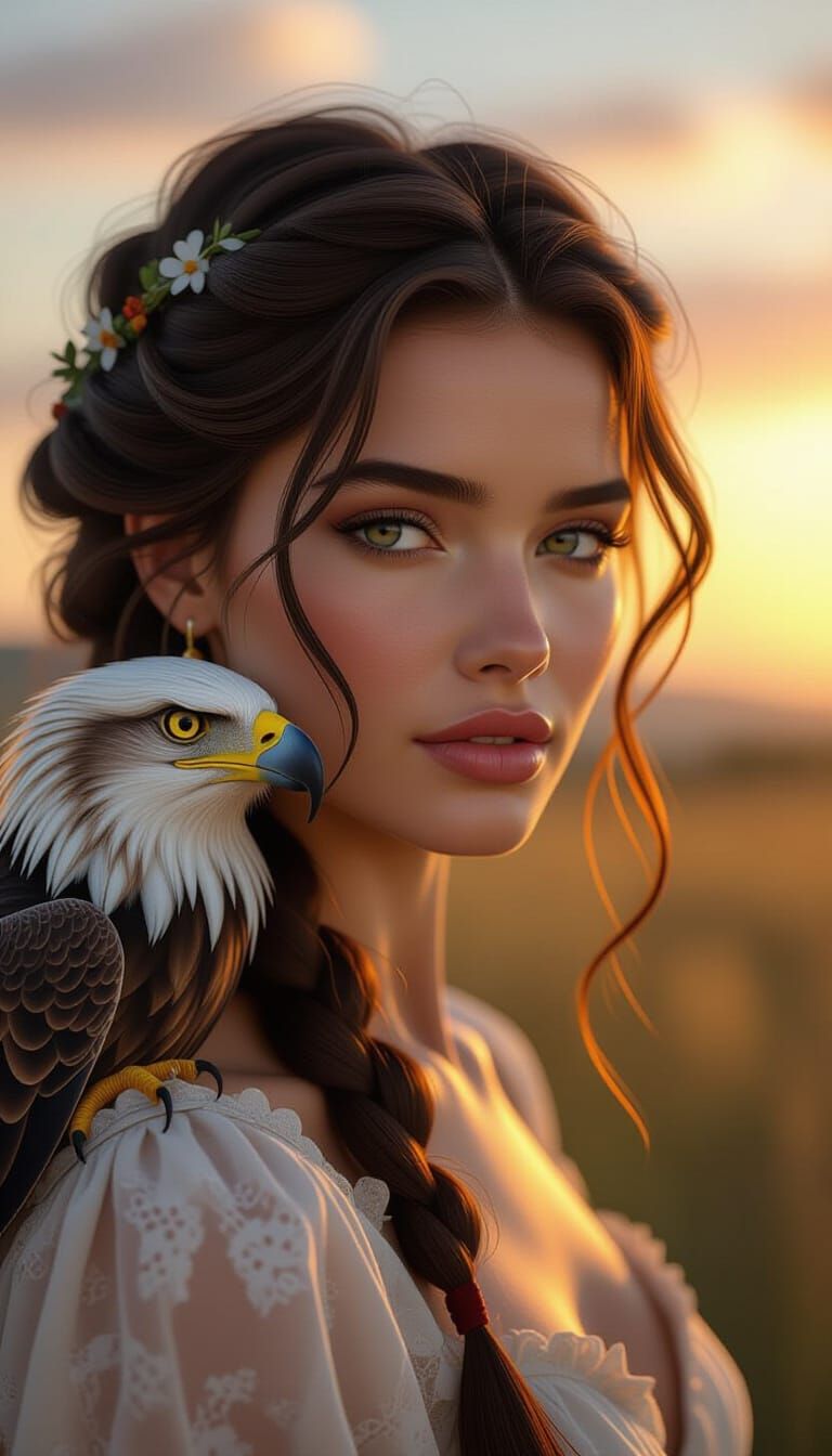 Renaissance Woman with Eagle at Sunset