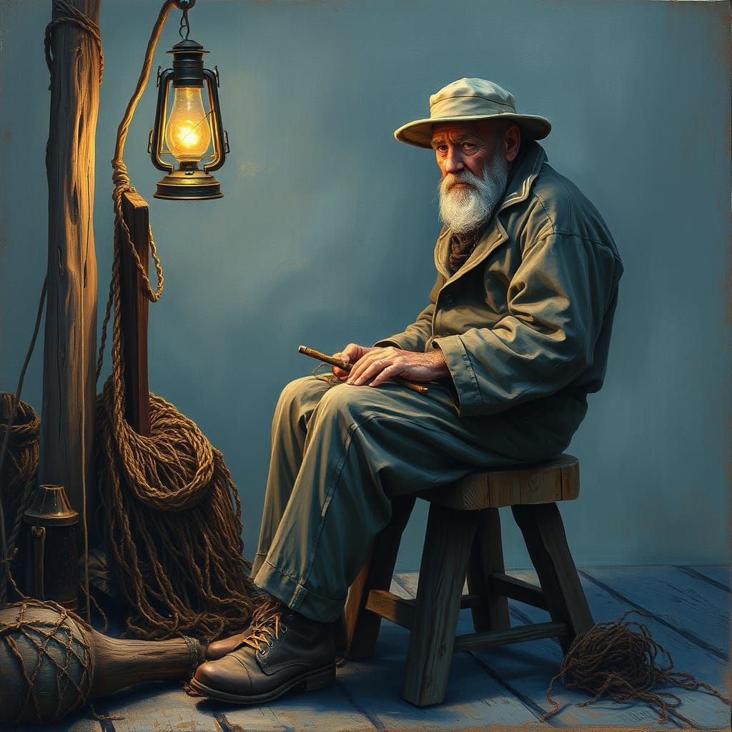 Sailor Mends Nets by Flickering Oil Lamp in Moody Realism