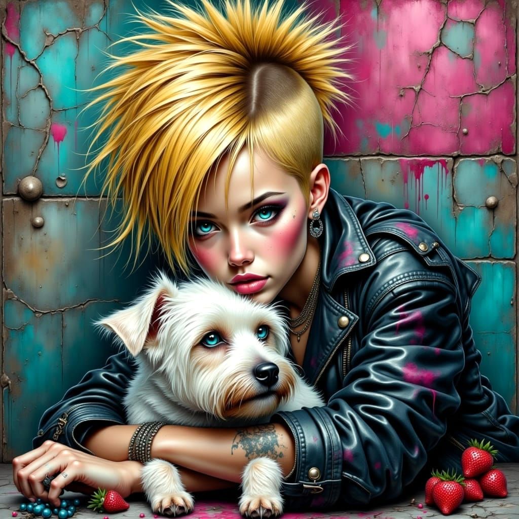 Punk Girl Portrait with Terrier in Digital Art