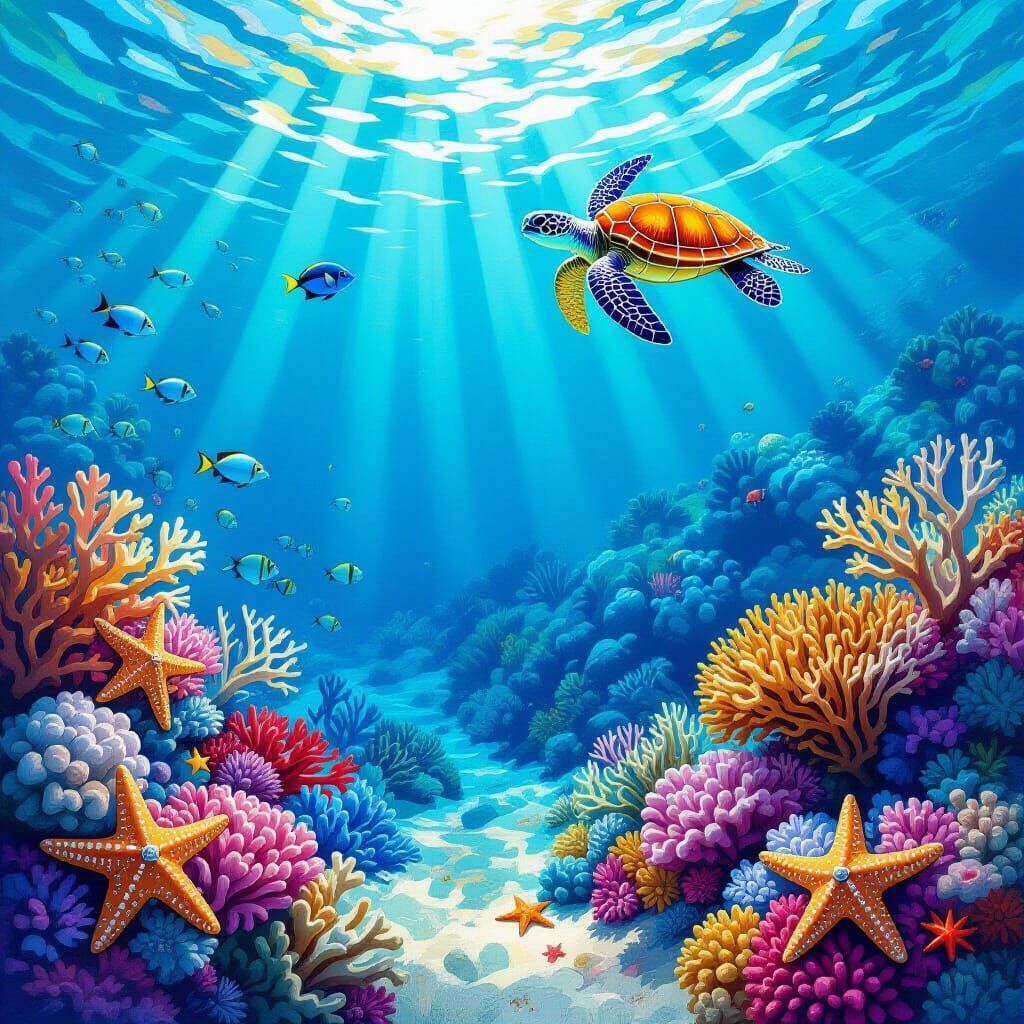 Vibrant Coral Reef with Turtle and Octopus in Monet Style