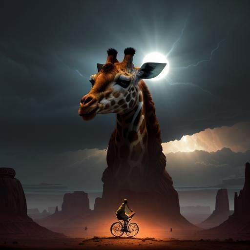 Giraffe Cyclist in Monument Valley: Dark Fantasy Art