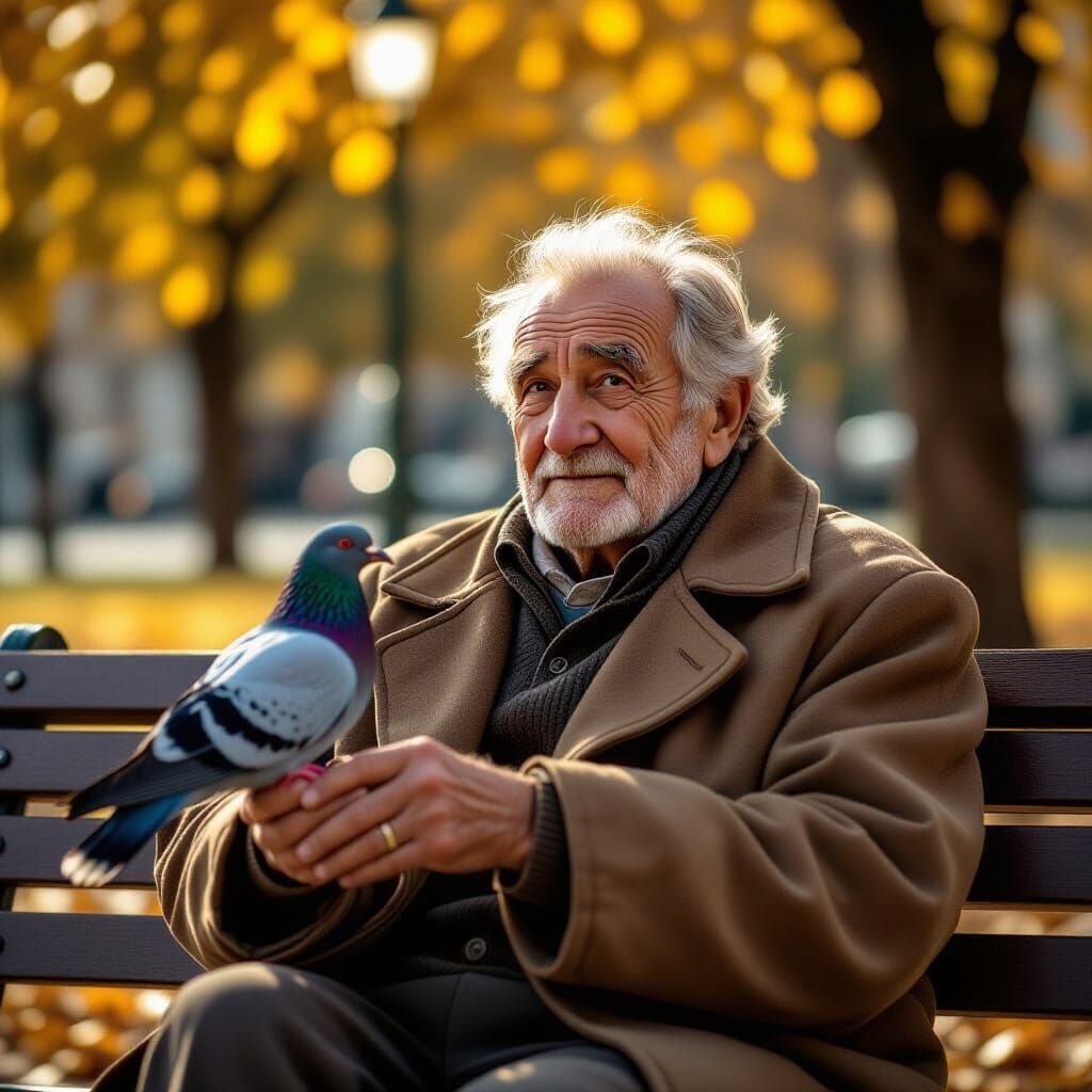 Elderly Man on Rome Park Bench with Pigeon