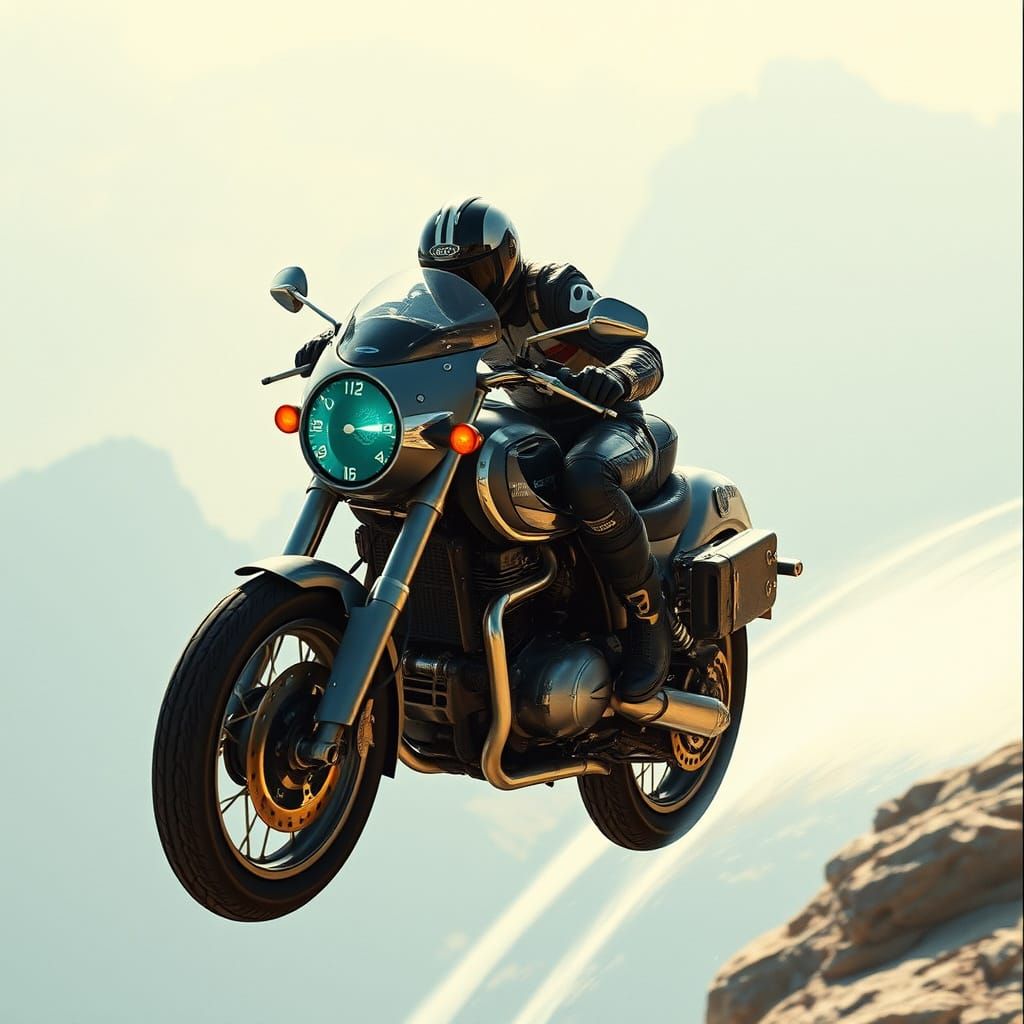Motorcyclist Jumps Car: Futuristic Racing Scene