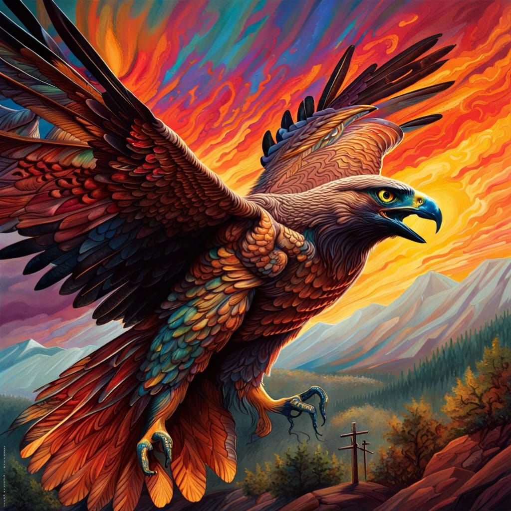 Surreal Hawk with Burning Skies and Landscapes