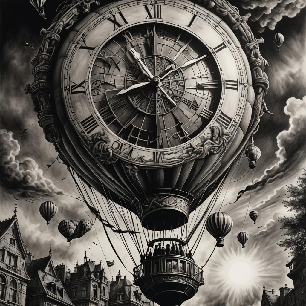 Hot Air Balloon Over Bigbang Clock in Charcoal