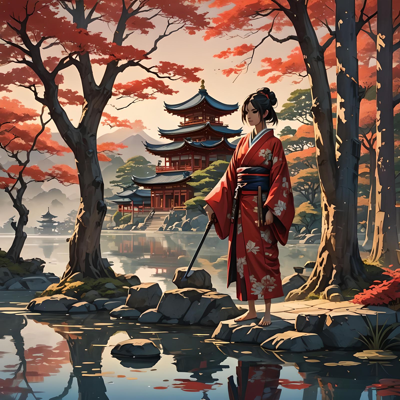 Samurai Woman with Katana at Lakeside Temple