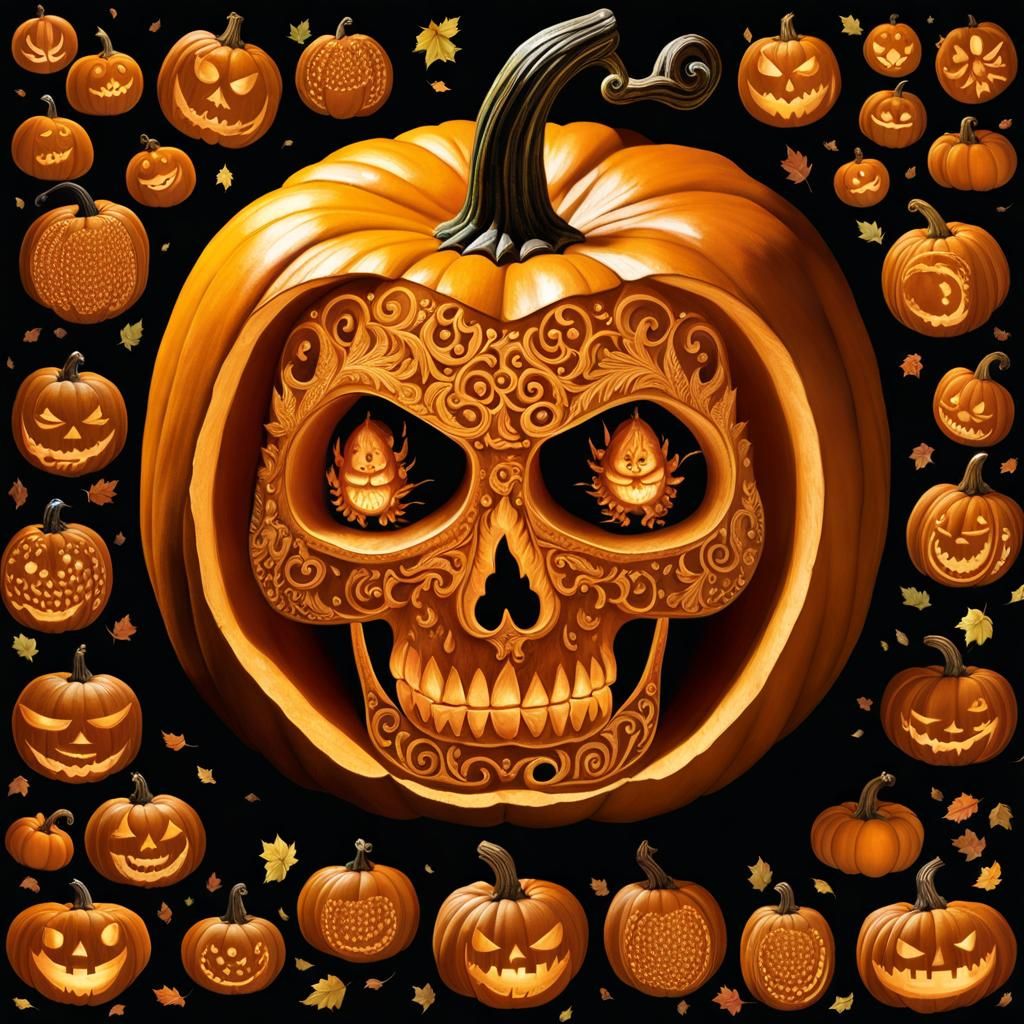 Intricate Pumpkin Carving at Night