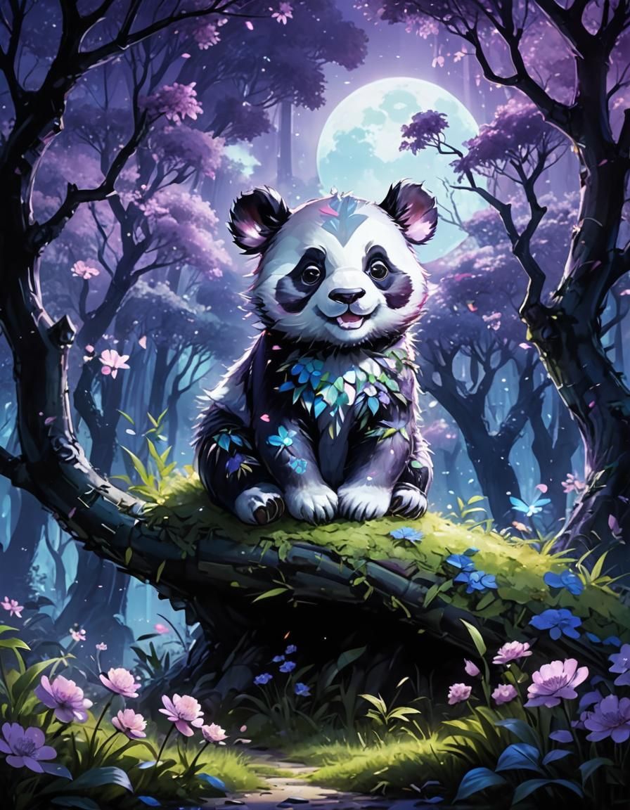 Cute Panda in Iridescent Magical Bamboo Forest