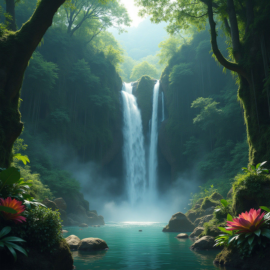 Mystical Thailand Forest Waterfall in Fantasy Style