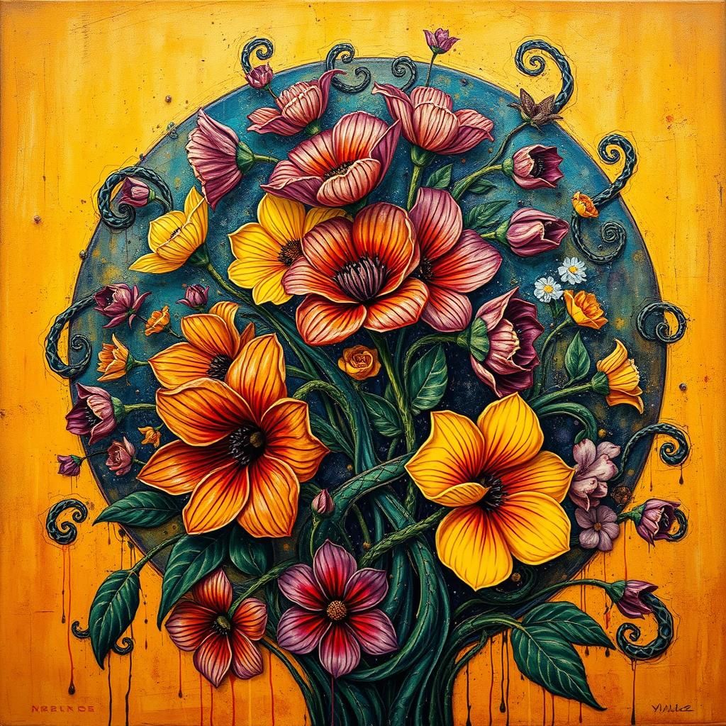Surreal Flowers with Celtic Knots in Impasto Style