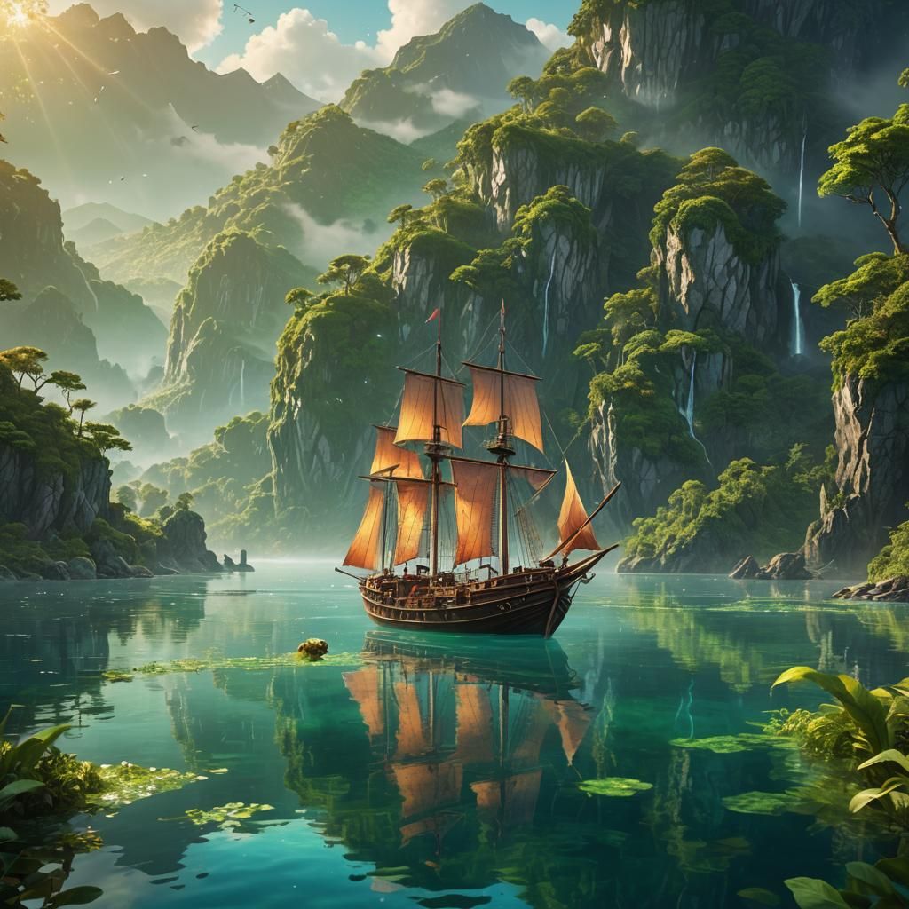 Fantasy Boat on Crystal Waters: Cinematic Oil Painting