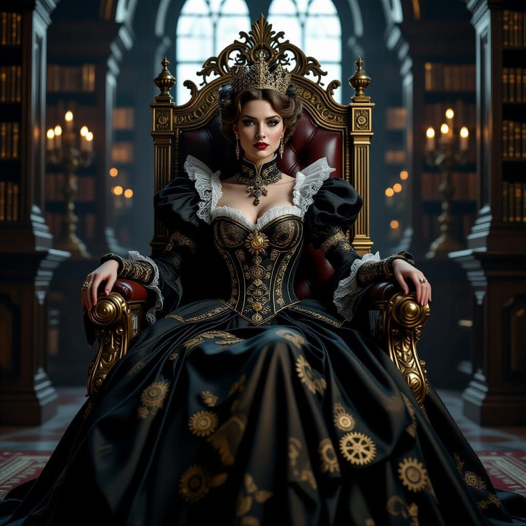 Steampunk Queen on Throne in Ancient Library