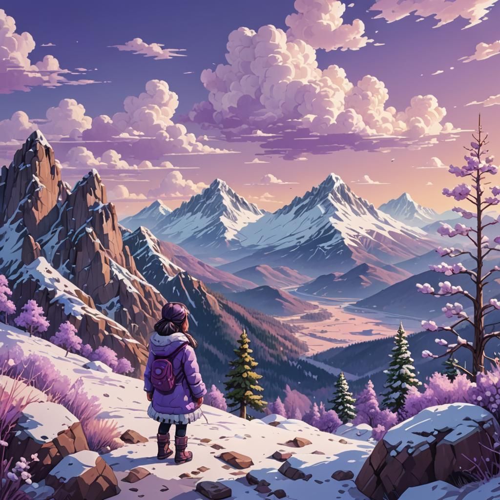 Pixel Art: Girl Gazing at Distant Mountain