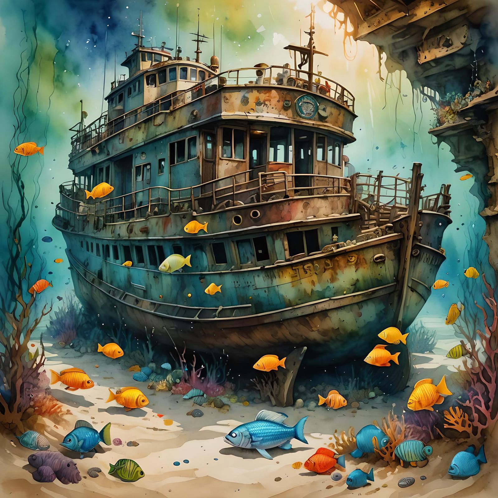 Sunken Ferryboat: Watercolor Masterpiece