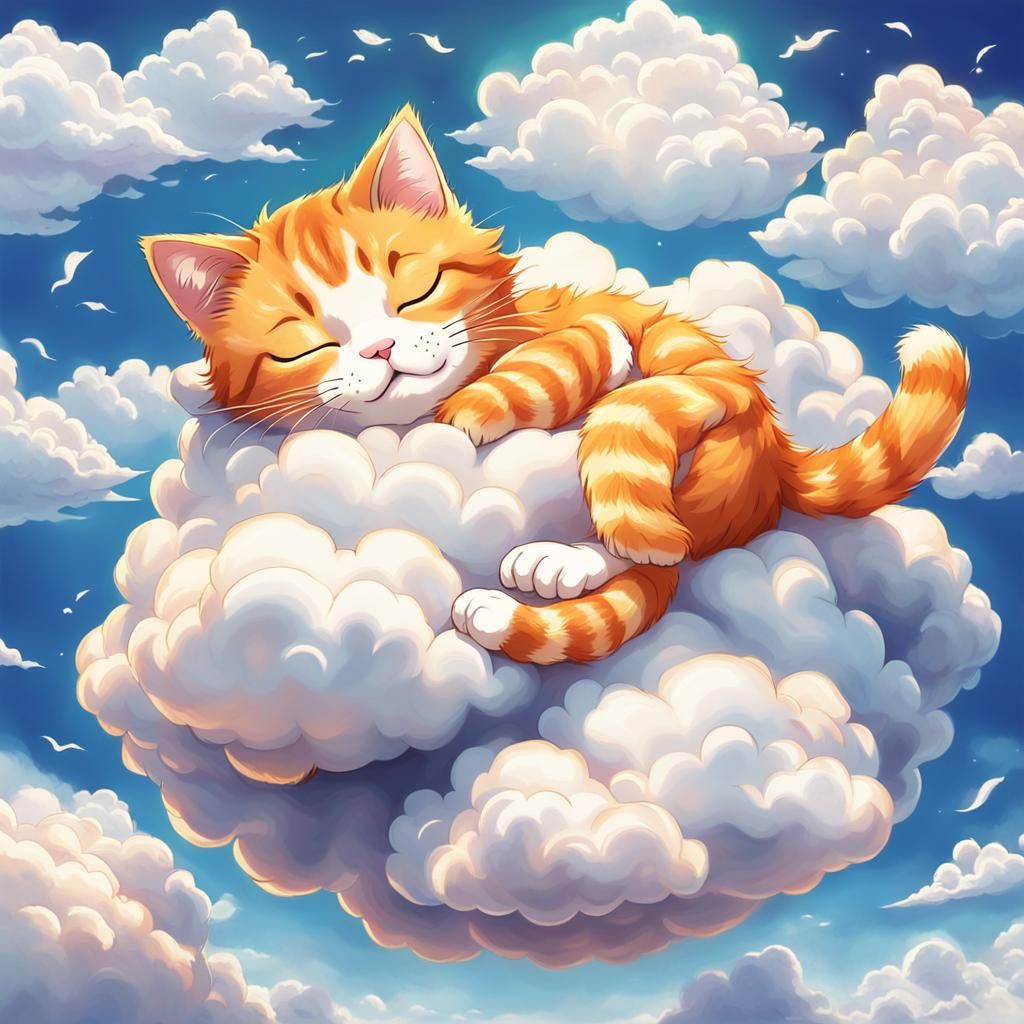 Ginger Cat Napping on Cloud, Anime Style