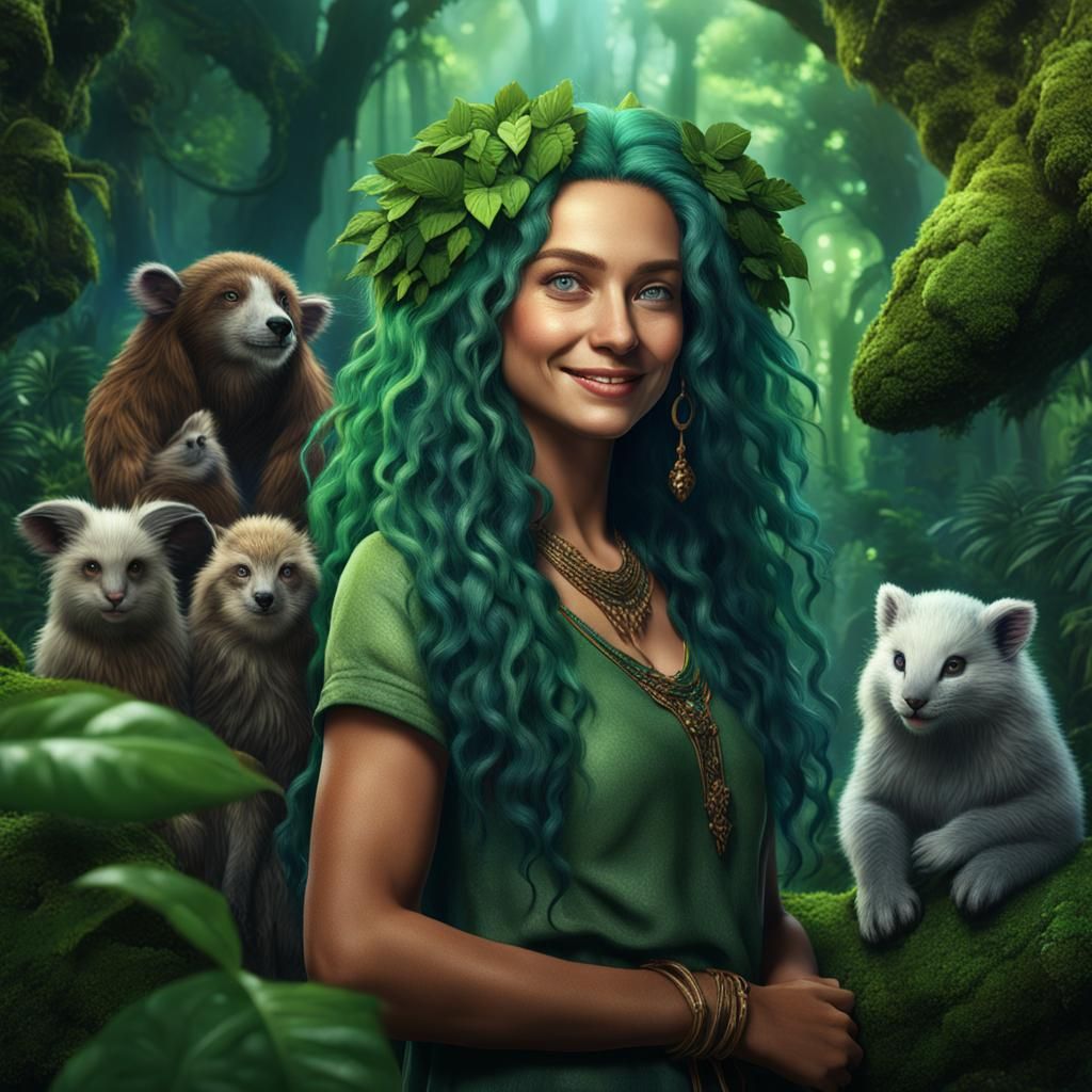 Beautiful Forest Woman in Lush Rainforest Scene