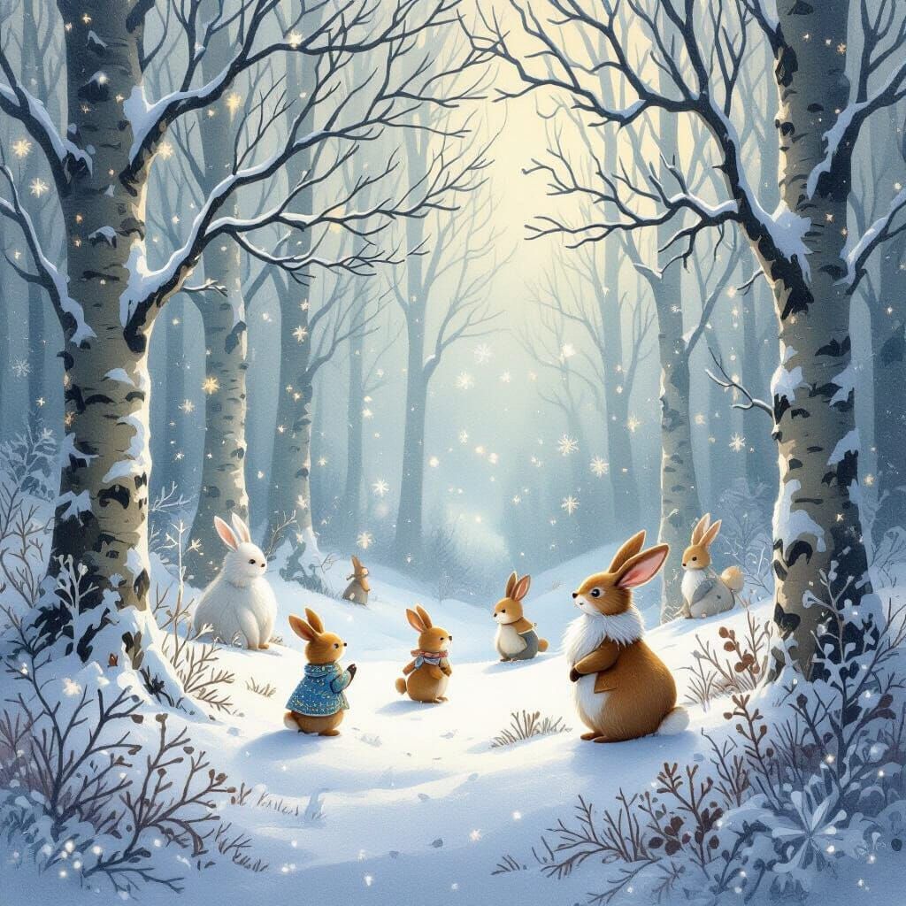 Whimsical Winter Forest with Mystical Creatures