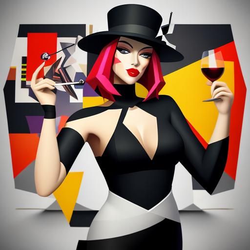 Cubist Woman with Cigarette and Wine Glass