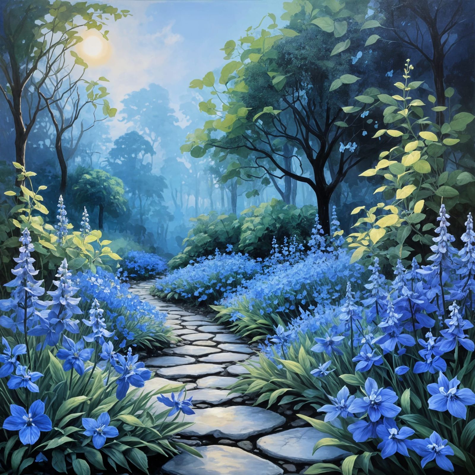 A dreamlike indigo-themed botanical garden bathed in soft twilight. The garden is lush and abundant, overflowing with la...