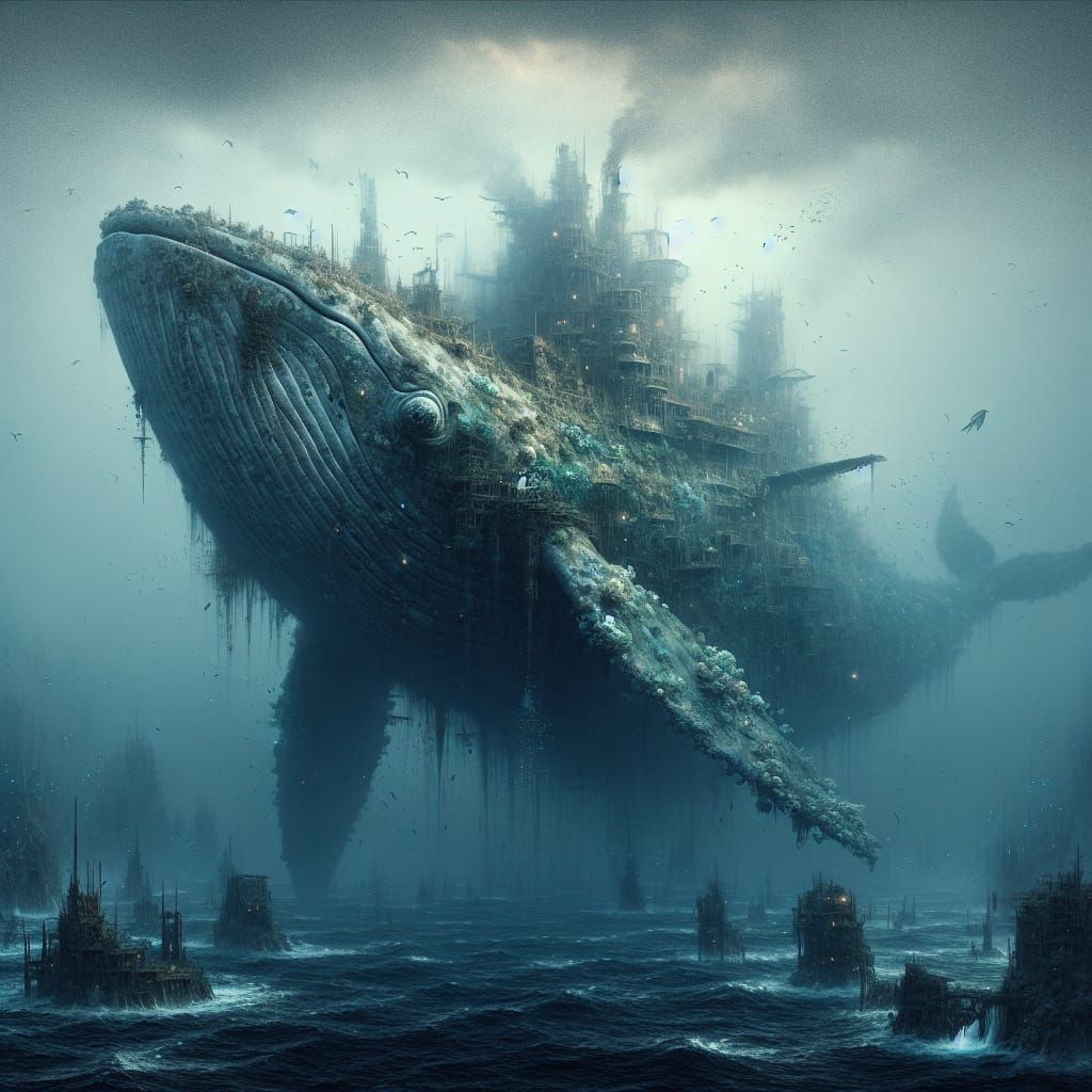 Titanic Whale City Drifts Through Endless Ocean Mist