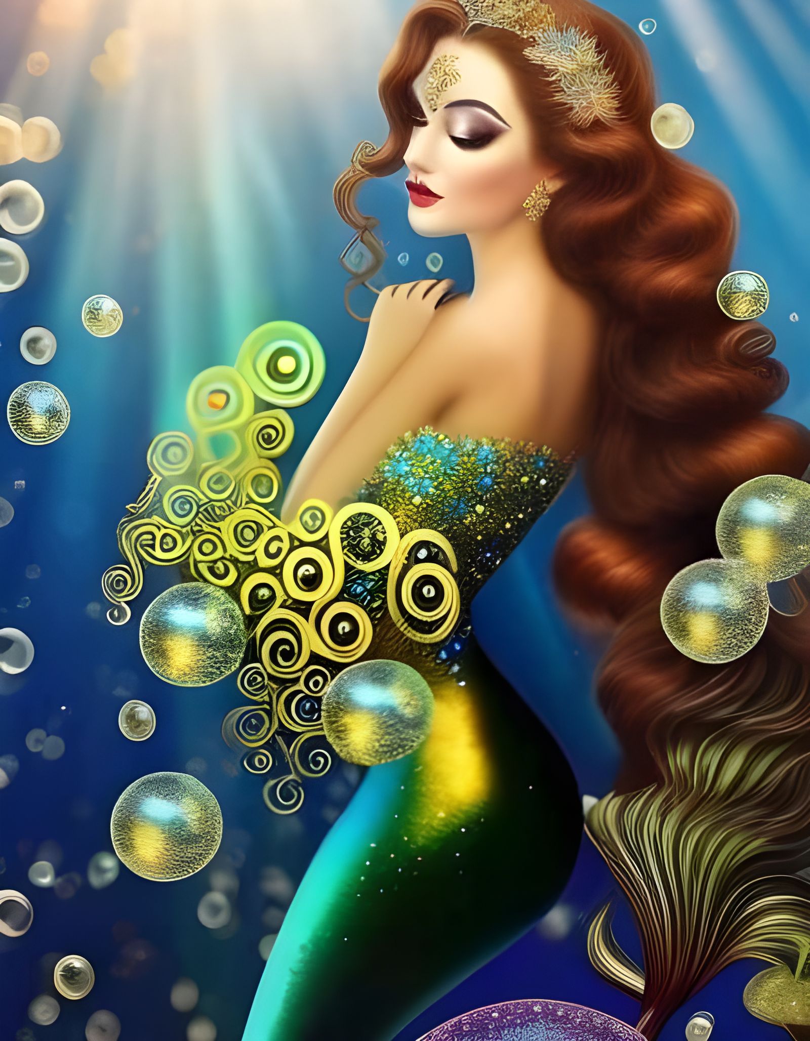 The Mermaid Princess Surrounded by Sparkling Iridescent Bubbles