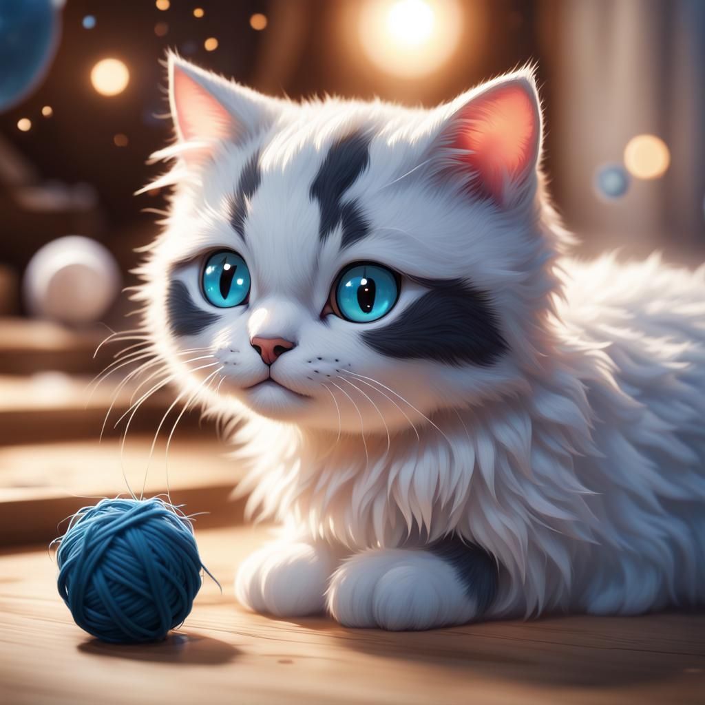 Cute White Cat in Starry Dreamland: Digital Art