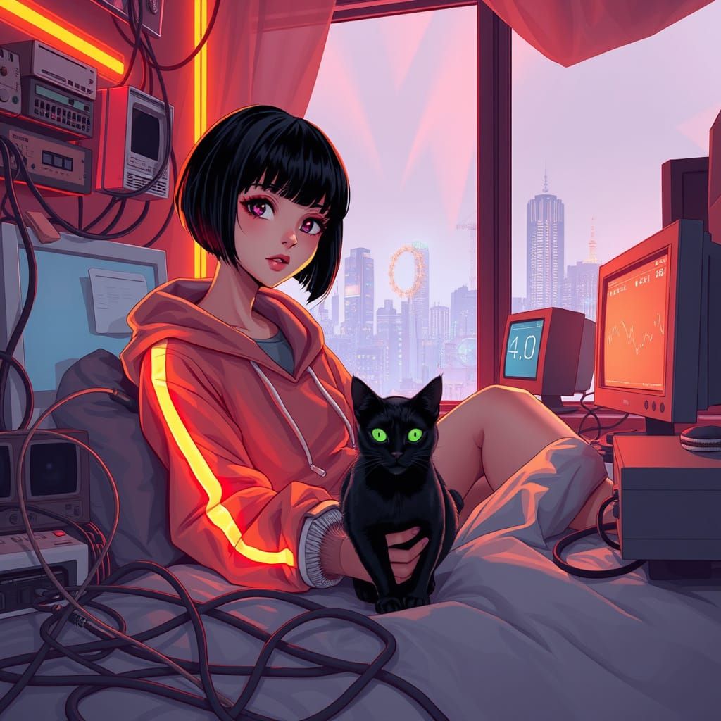 Retro-Futuristic Girl in Neon-Lit Bedroom