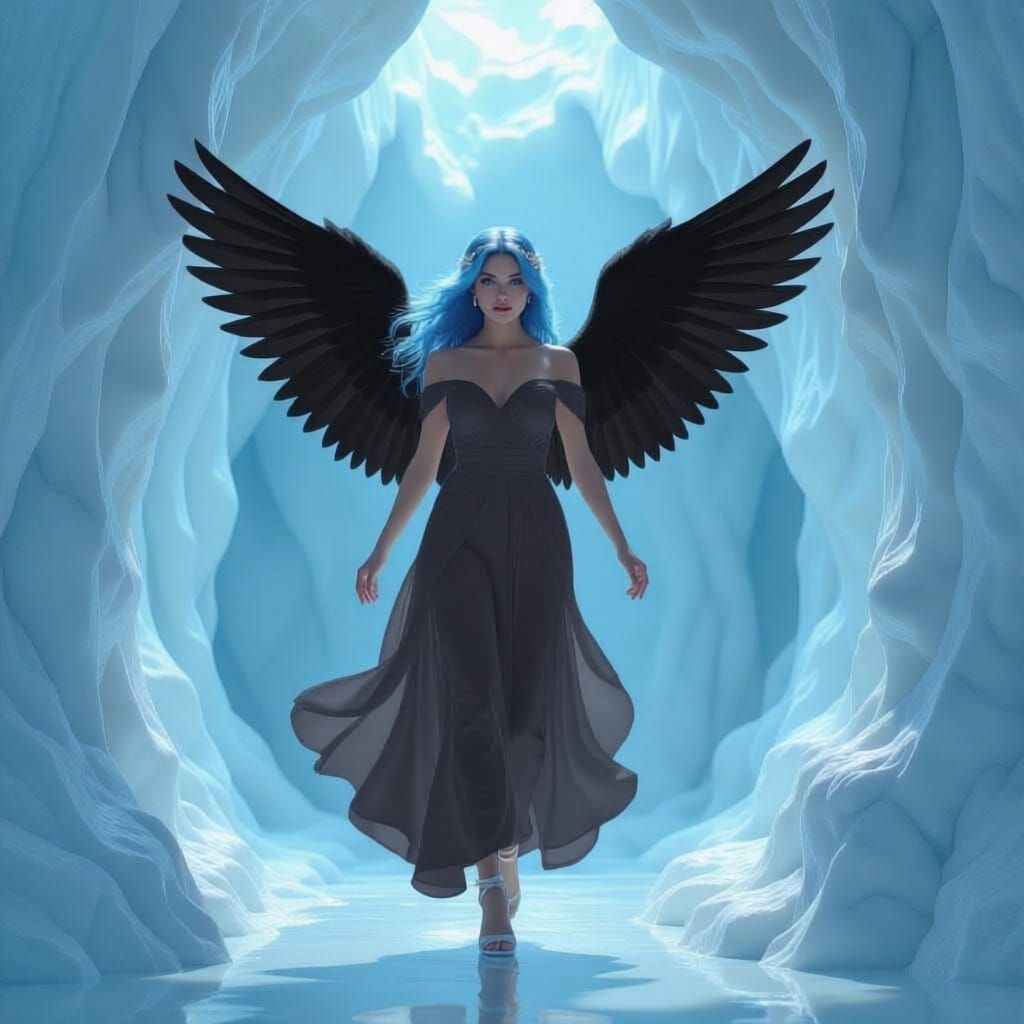 Angel Floating in a Marble Cave with Blue-Blonde Hair