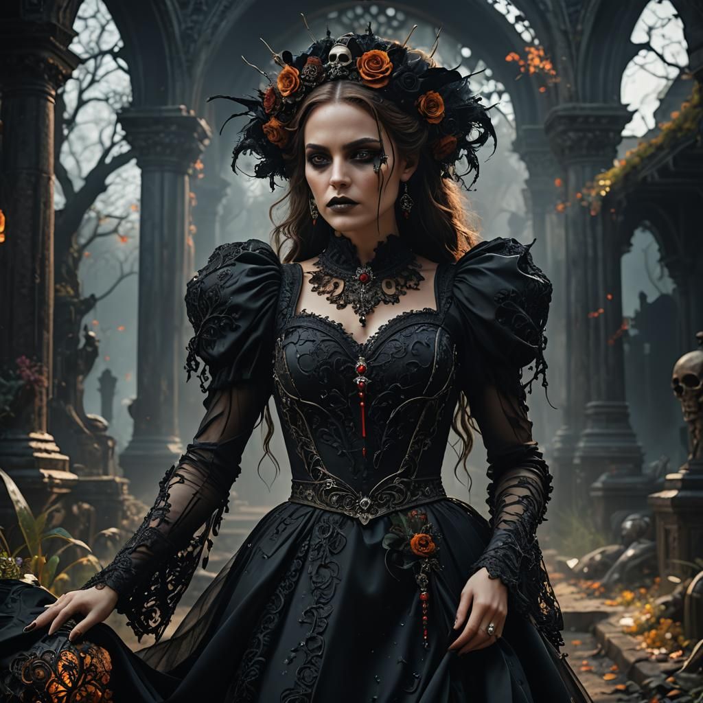 Macabre Woman in Black Dress: Fantasy Concept Art