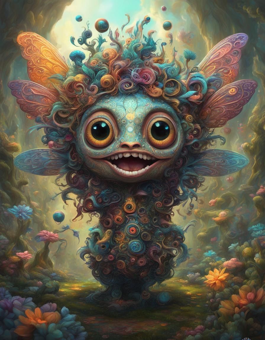 Imagine a popsurrealism happy joy laughter captures strangly adorablly cute fairies laughing excitement with super enorm...