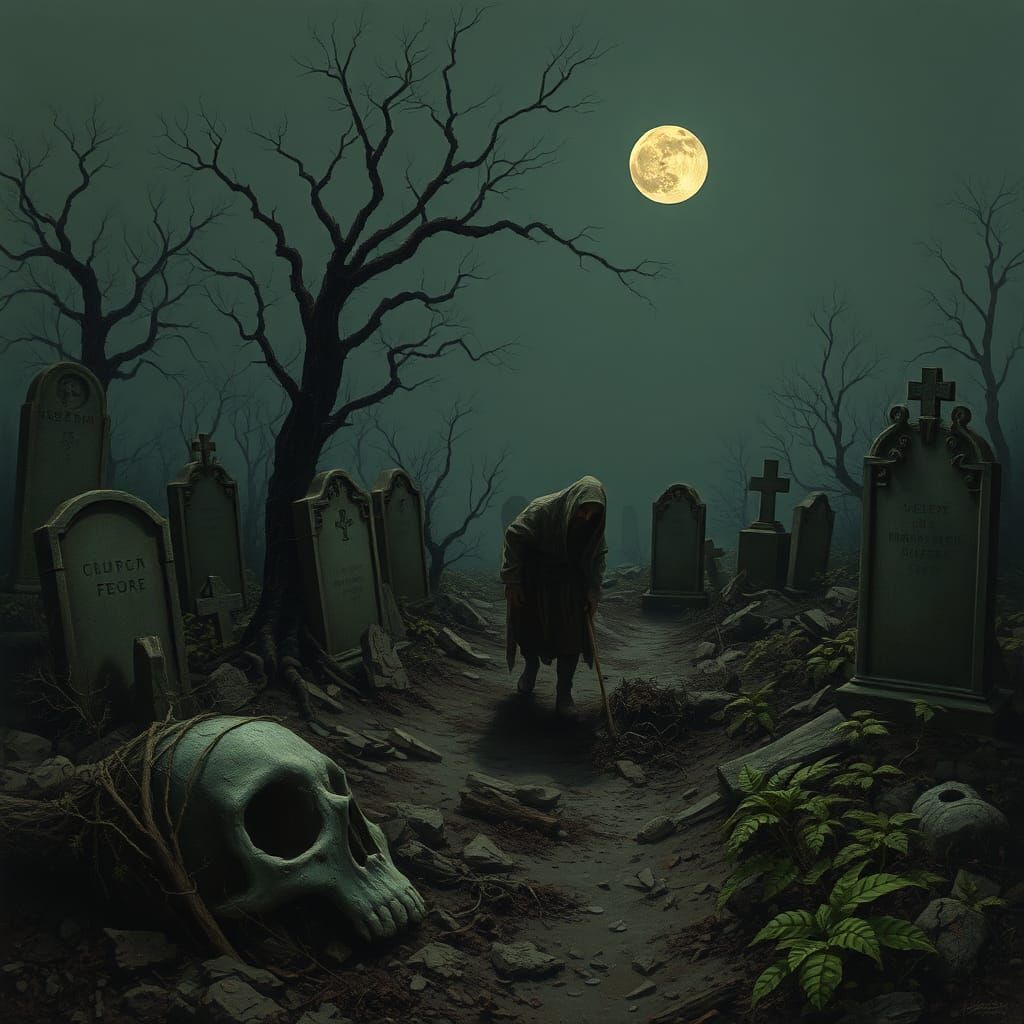 Dark Surrealism: Grave Robber Under Moonlight