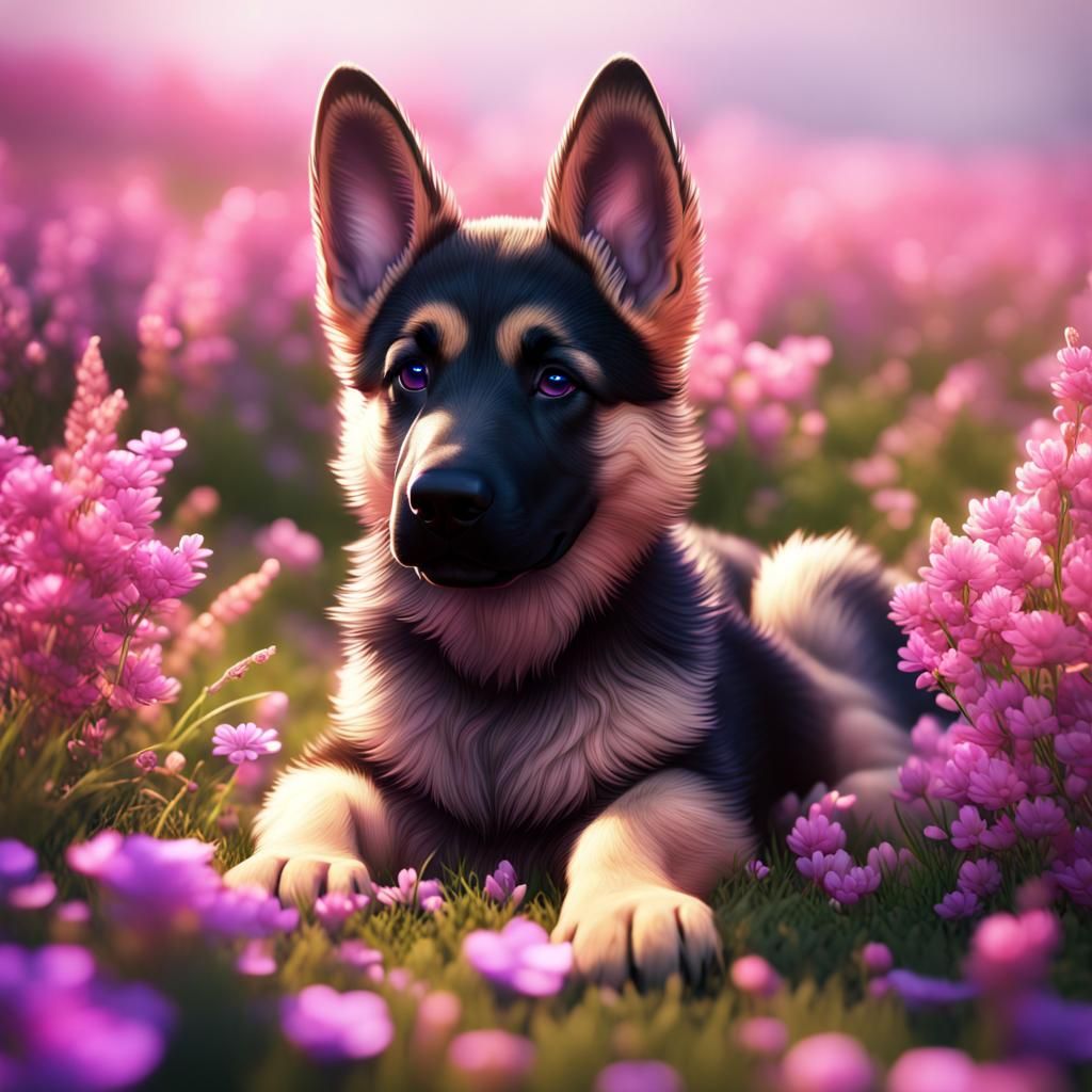 Happy German Shepherd Puppy in Flower Field