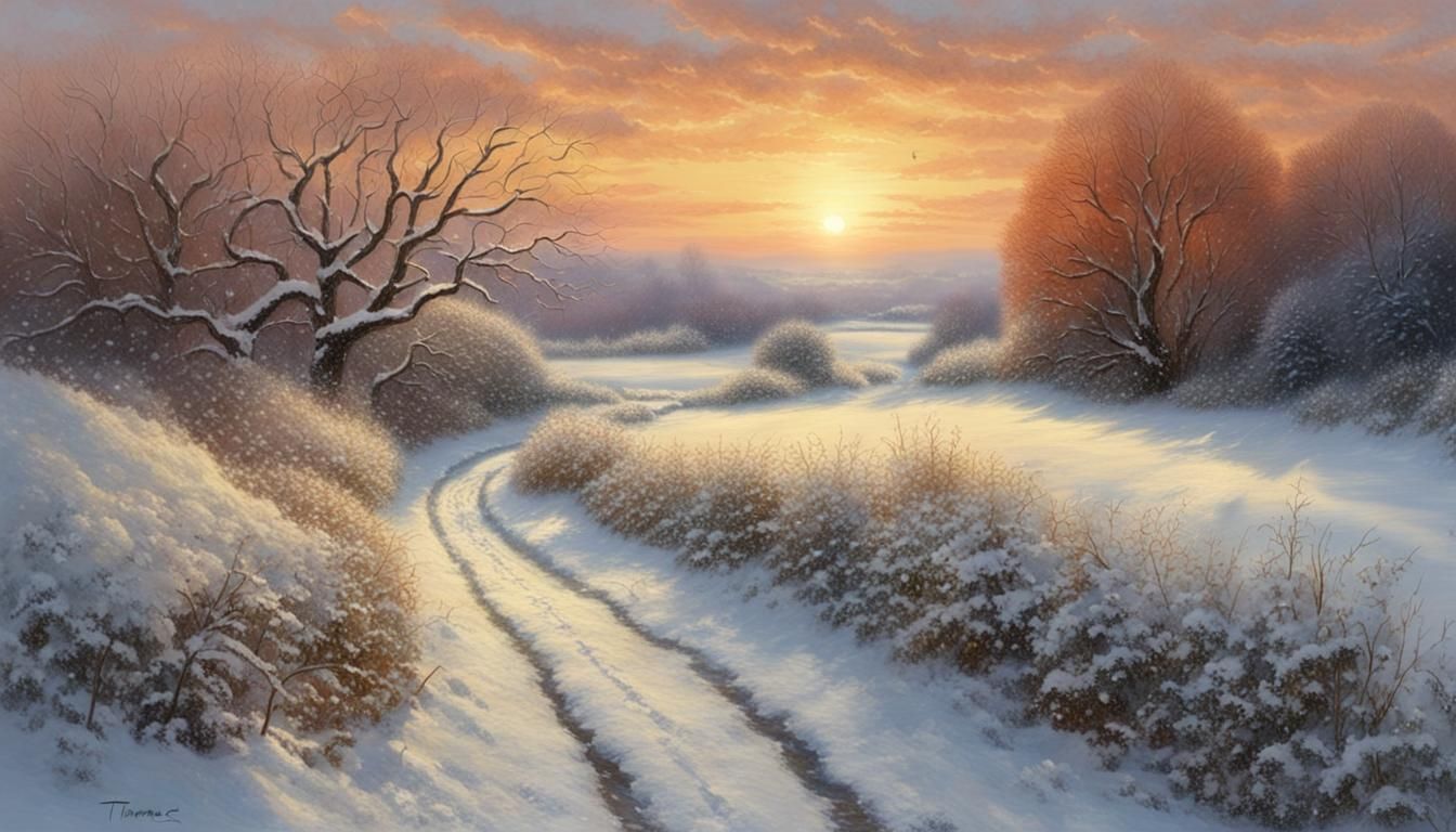 Snowy Hedgerow Sunset: Painterly Winter Scene