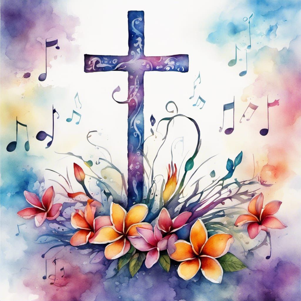 Christian Cross with frangipani and music notes