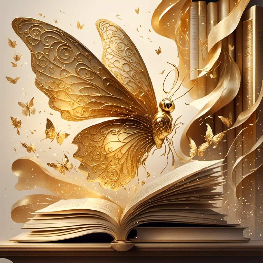<lora:Golden craft:1.0> A golden butterfly with books as wings