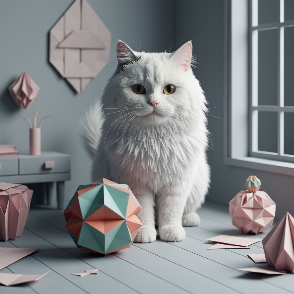 Origami Angora Cat with Hyper-Detailed Paper Textures