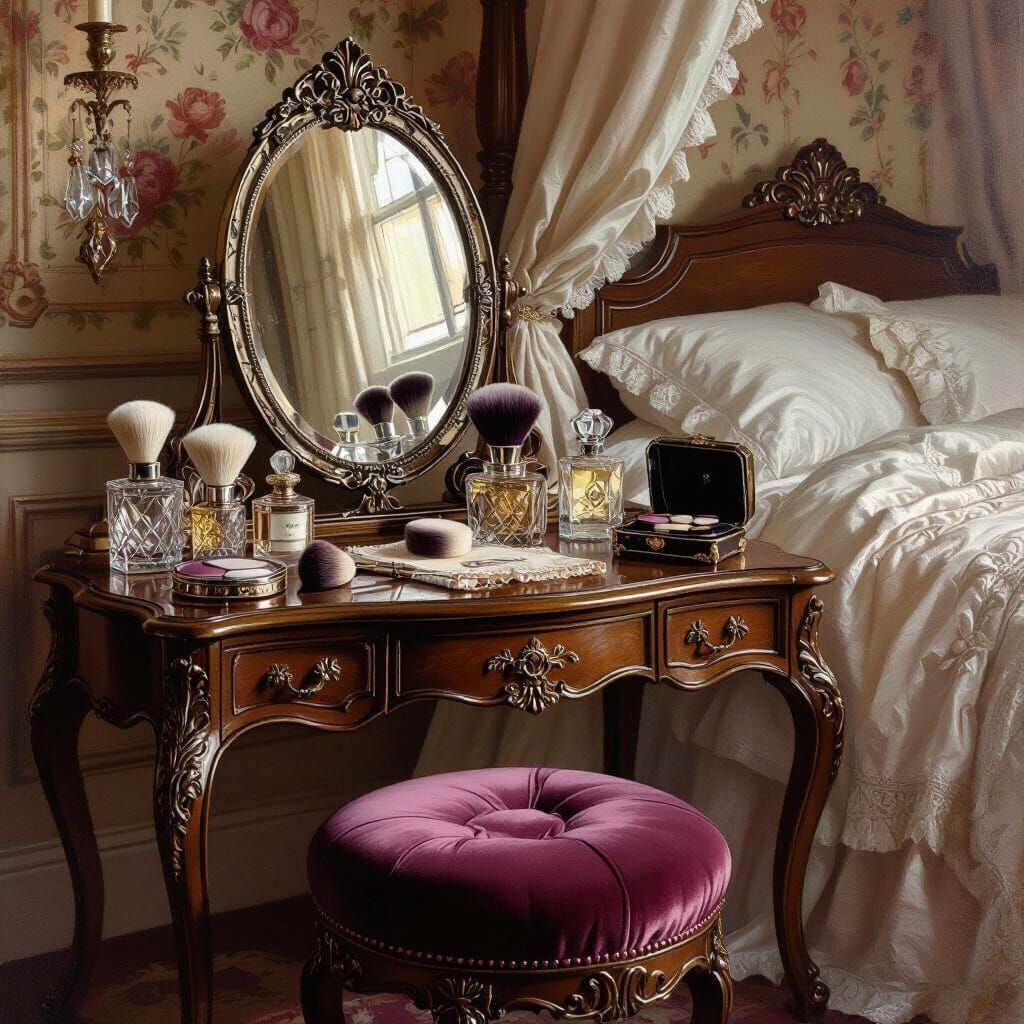 Ornate Vintage Dressing Table & Bed in Romantic Oil Painting...