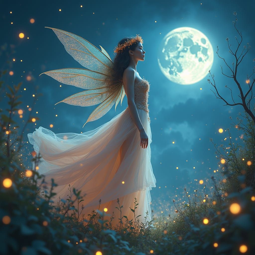 Ethereal Fairy Queen Under Vibrant Night Sky