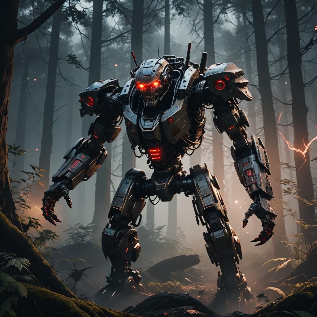 Cyberpunk Robot Monster in Dark Forest
