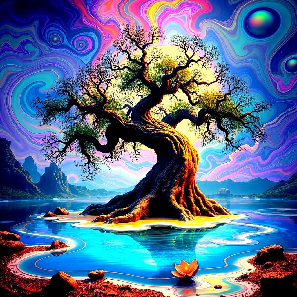 Surreal Tree Melts into Dreamy Lake in Vibrant Digital Art