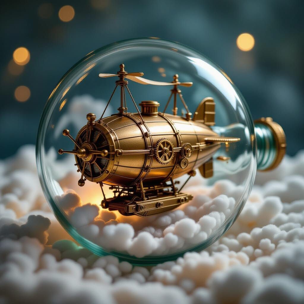 Miniature Steampunk Airship Navigating Glass Bottle Vortex
