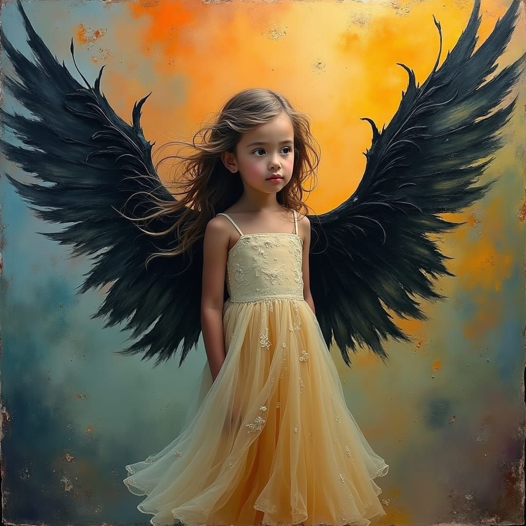 Ethereal Girl with Giant Black Wings in Abstract Expressioni...