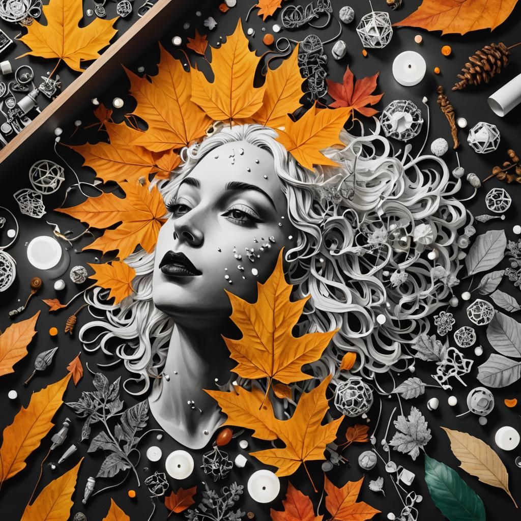 Surreal Botanical Illustration with Autumn Leaves and Fairy ...