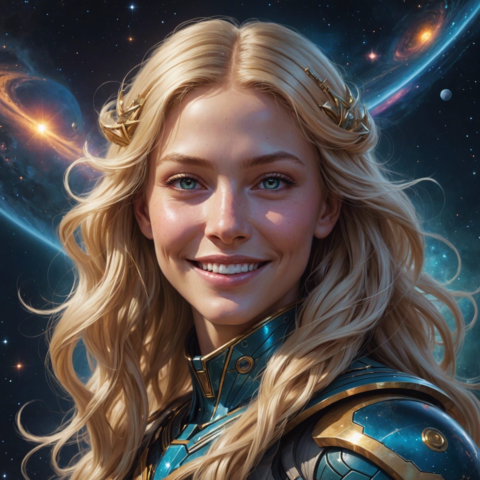 An incredibly beautiful young Alien human type girl with masses of blonde hair and a great cosmic smile.
