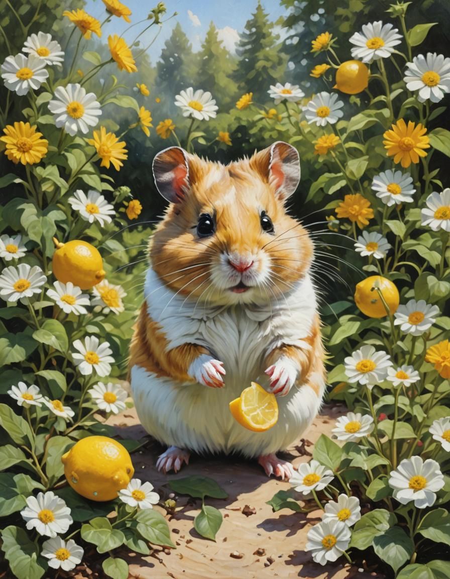 Hamster and Lemon Pie in Summer Garden as Oil Painting