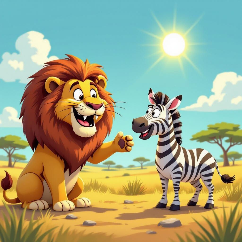 Lion Greets Zebra in Playful Cartoon Style