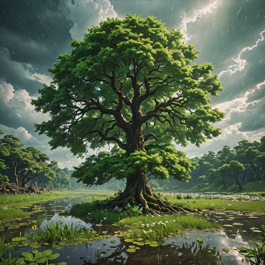 Lush Tree in Rainy Landscape: 3D Anime Art