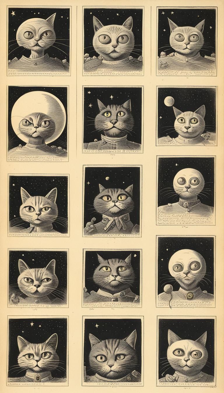 Cat Aims for Moon: 20th Century Lithograph