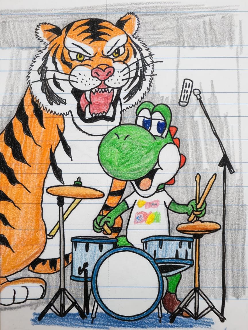 Crayon Drawing of Tiger and Yoshi in a Band